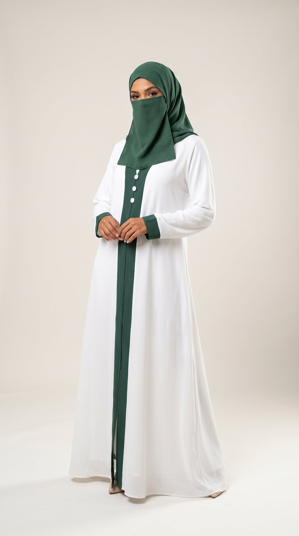 Front-Open Green Trim White Abaya with Matching Scarf | Premium Moss Chiffon Contrast Trim Abaya