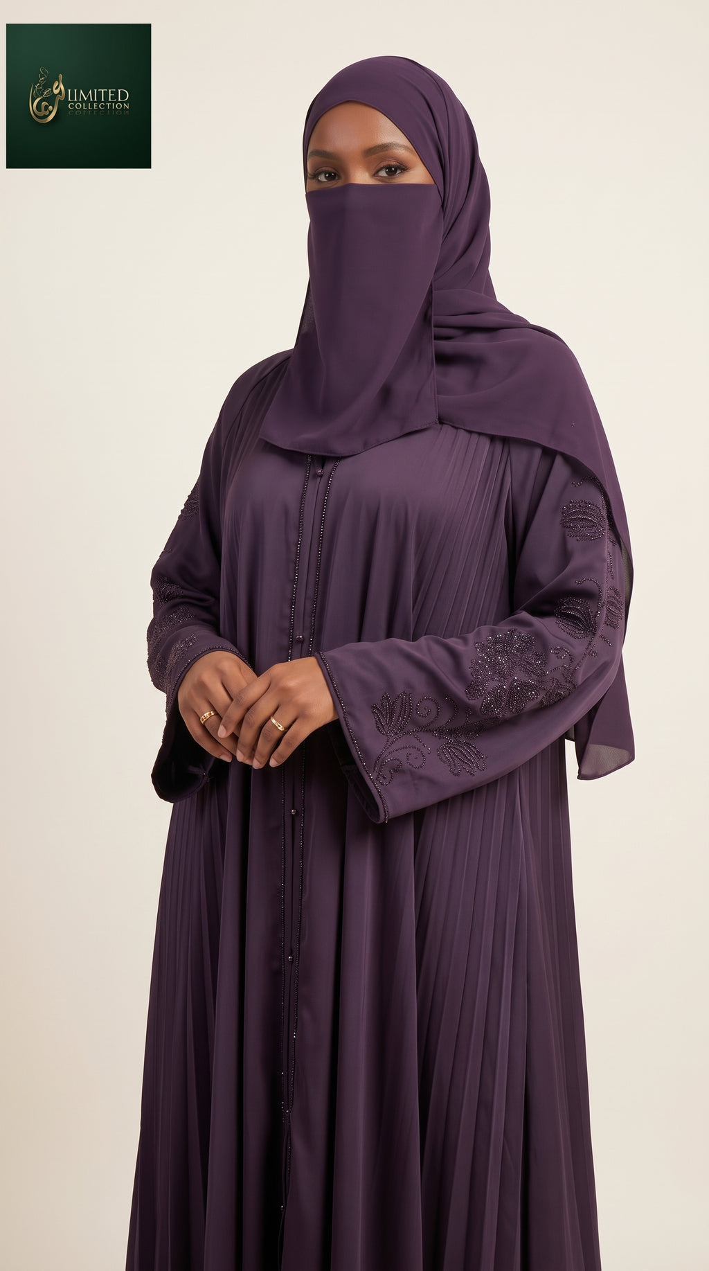 Front-Open Floral Paisley Motif Stonework Abaya | Premium Romantic Nida Stone-Studded Abaya