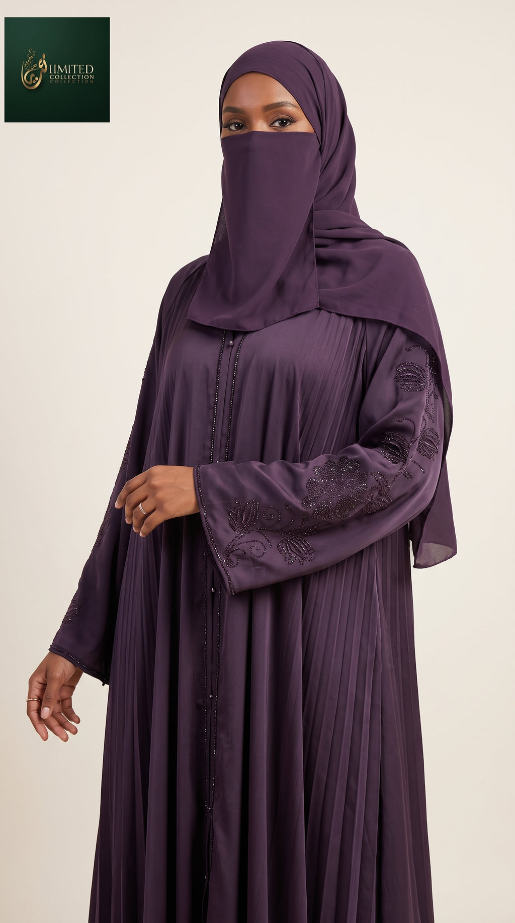 Front-Open Floral Paisley Motif Stonework Abaya | Premium Romantic Nida Stone-Studded Abaya