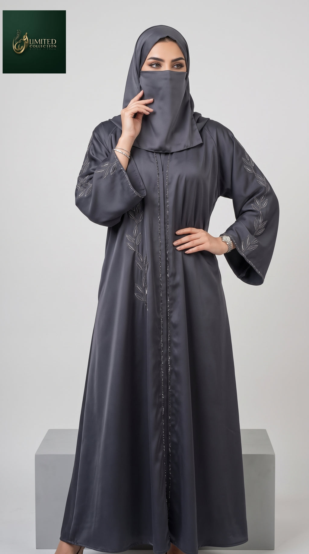Front-Open Silver Leaf Vine Stonework Long Flare Abaya | Premium Romantic Nida Stone-Studded Abaya
