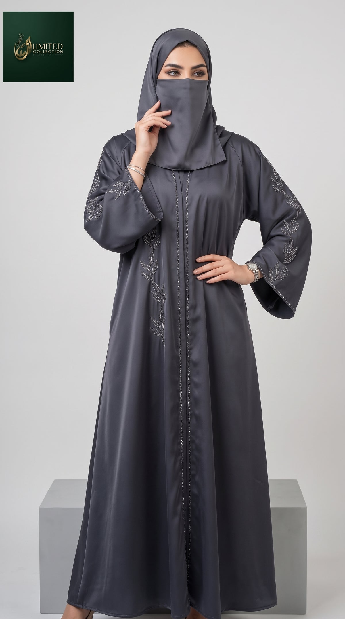Front-Open Silver Leaf Vine Stonework Long Flare Abaya | Premium Romantic Nida Stone-Studded Abaya