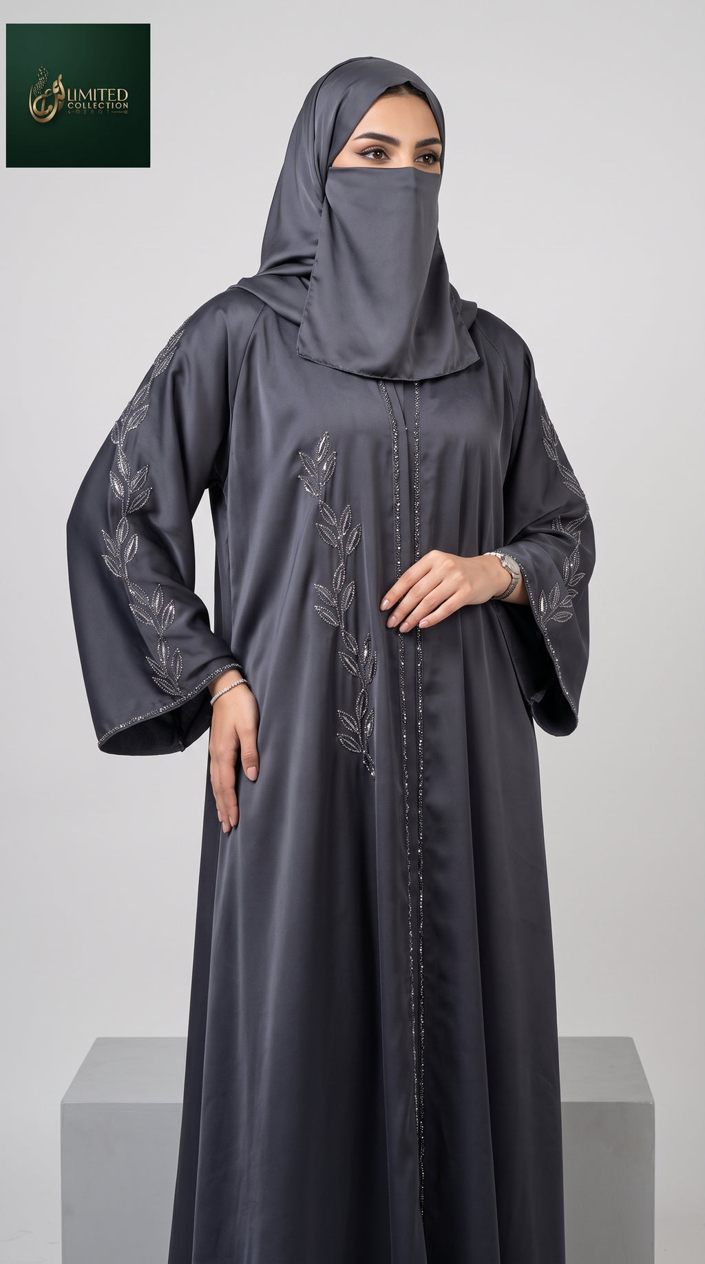 Front-Open Silver Leaf Vine Stonework Long Flare Abaya | Premium Romantic Nida Stone-Studded Abaya