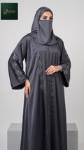 Front-Open Silver Leaf Vine Stonework Long Flare Abaya | Premium Romantic Nida Stone-Studded Abaya