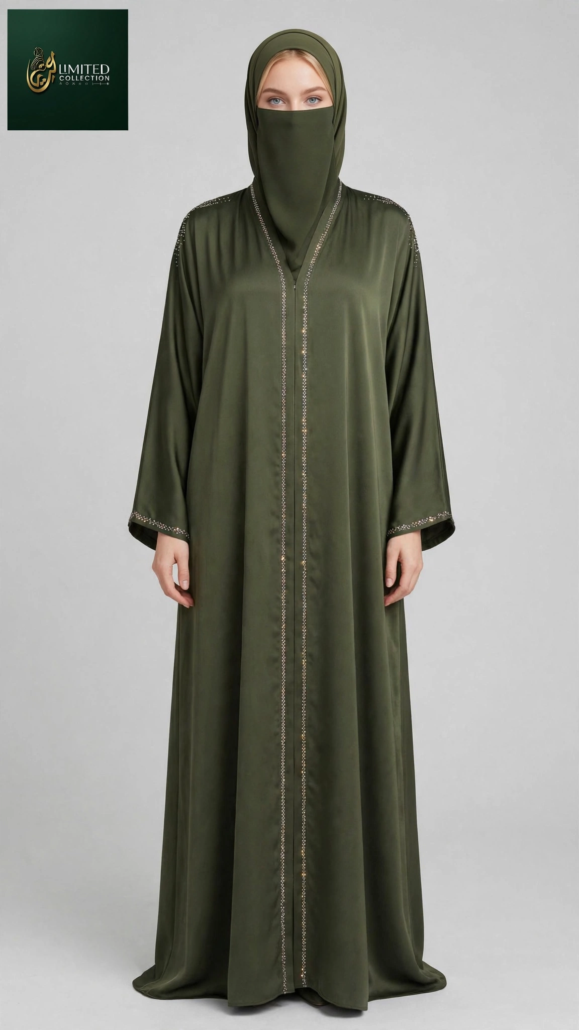Front-Open Hearts Stonework Abaya | Premium Romantic Nida Stone-Studded Abaya