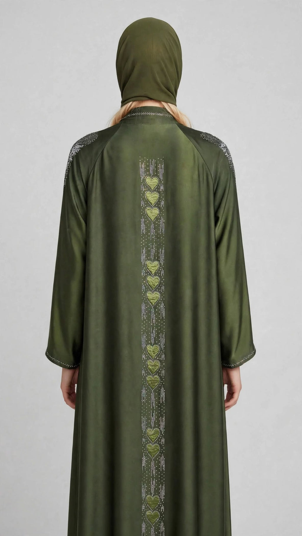 Front-Open Hearts Stonework Abaya | Premium Romantic Nida Stone-Studded Abaya