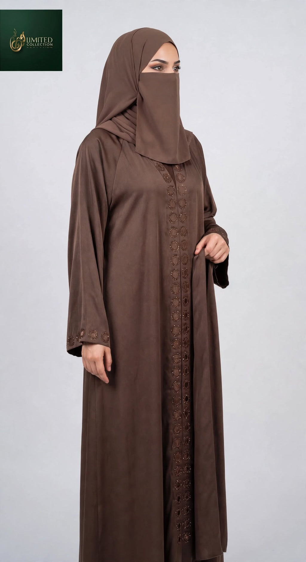 Front-Open Circle Trail Stonework Abaya | Premium Romantic Nida Stone-Studded Abaya