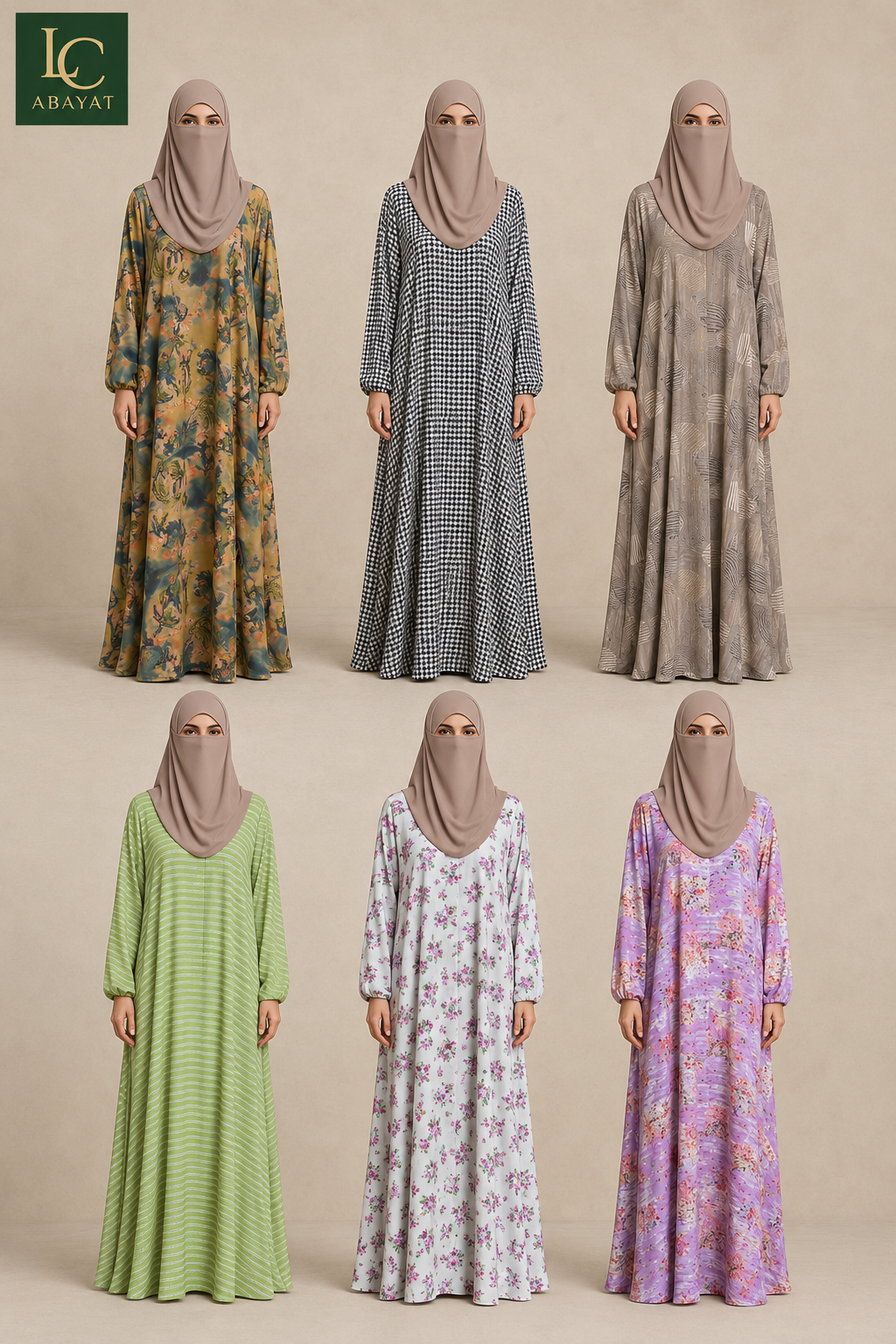 Six women wearing long modest maxi Abaya dresses in different colors and patterns are shown against a plain beige studio background. The Maxi Abayas include floral, checkered, solid, and striped designs in green, blue-gray, taupe, light green, white, and lavender.