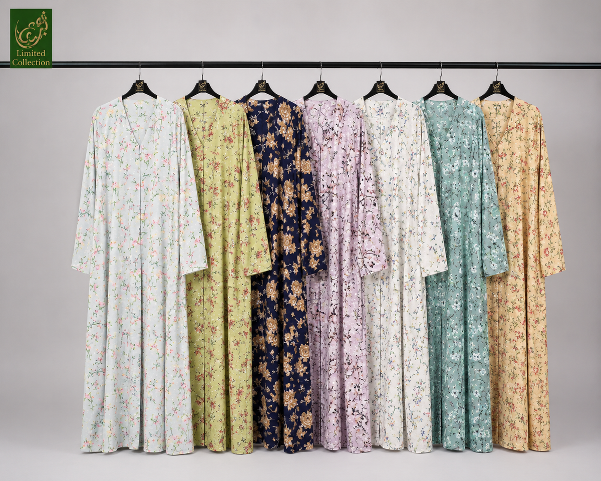 Seven long-sleeve floral front-open abayas in premium linen fabric hanging on black hangers against a light gray studio background. The garments come in multiple soft colors including white, pale yellow, navy, lavender, cream, mint, and beige, each with a delicate all-over floral print.
