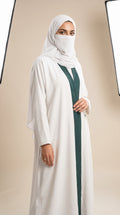 Front-Open Plain Dual Tone Abaya & Matching Scarf | Premium Moss Chiffon Colorblock Abaya