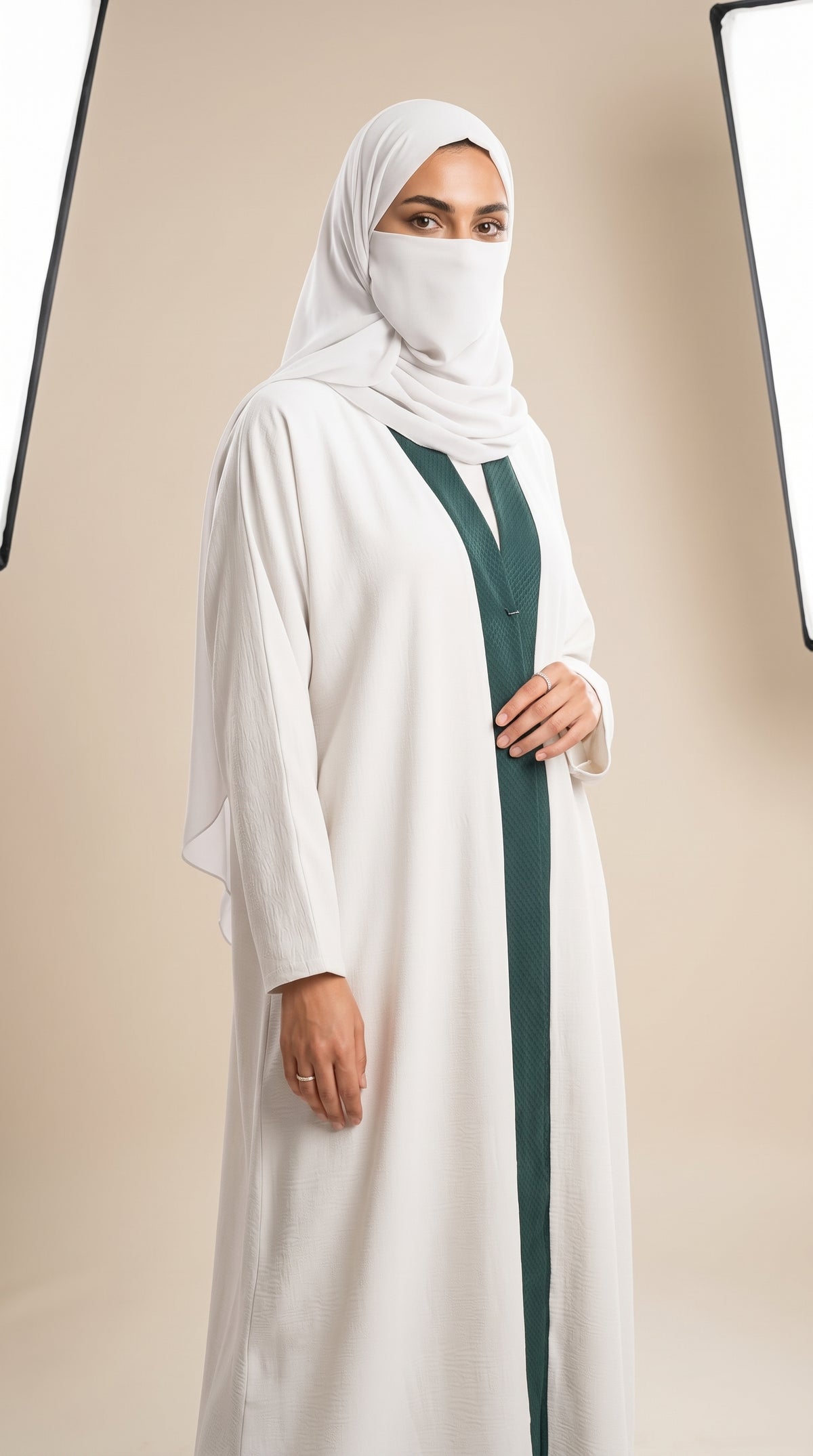 Front-Open Plain Dual Tone Abaya & Matching Scarf | Premium Moss Chiffon Colorblock Abaya