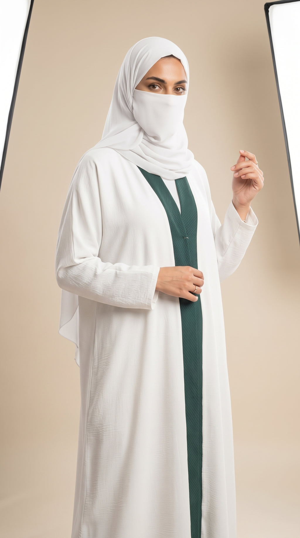 Front-Open Plain Dual Tone Abaya & Matching Scarf | Premium Moss Chiffon Colorblock Abaya