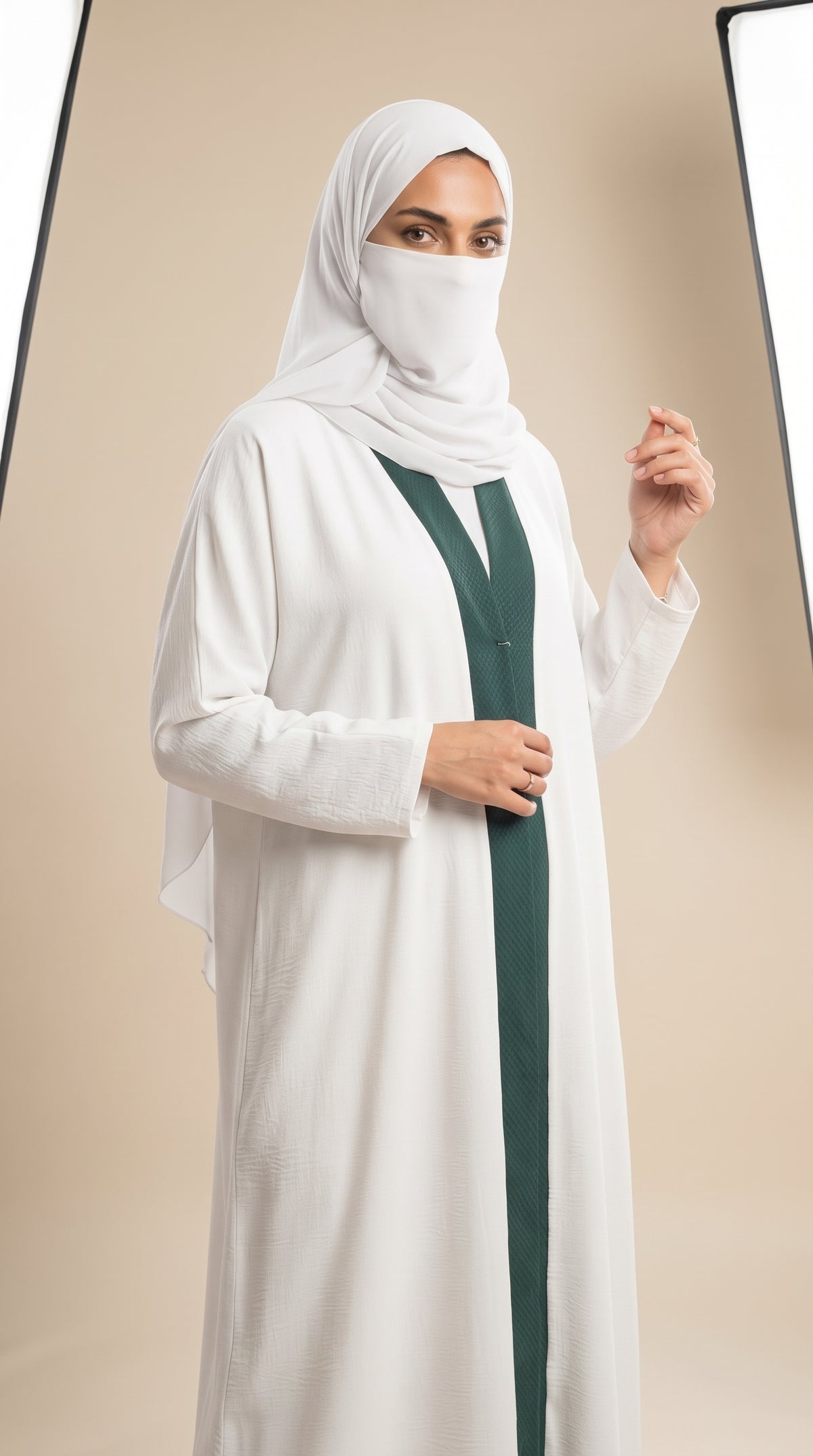 Front-Open Plain Dual Tone Abaya & Matching Scarf | Premium Moss Chiffon Colorblock Abaya