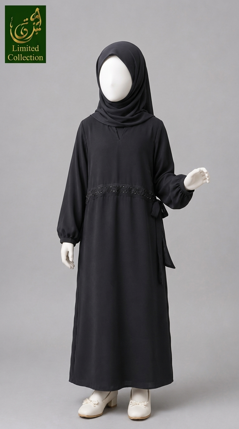 A black modest long-sleeve abaya dress displayed on a white kid mannequin with a matching black hijab, set against a neutral gray studio background. A green 'Limited Collection' logo is visible in the top-left corner.