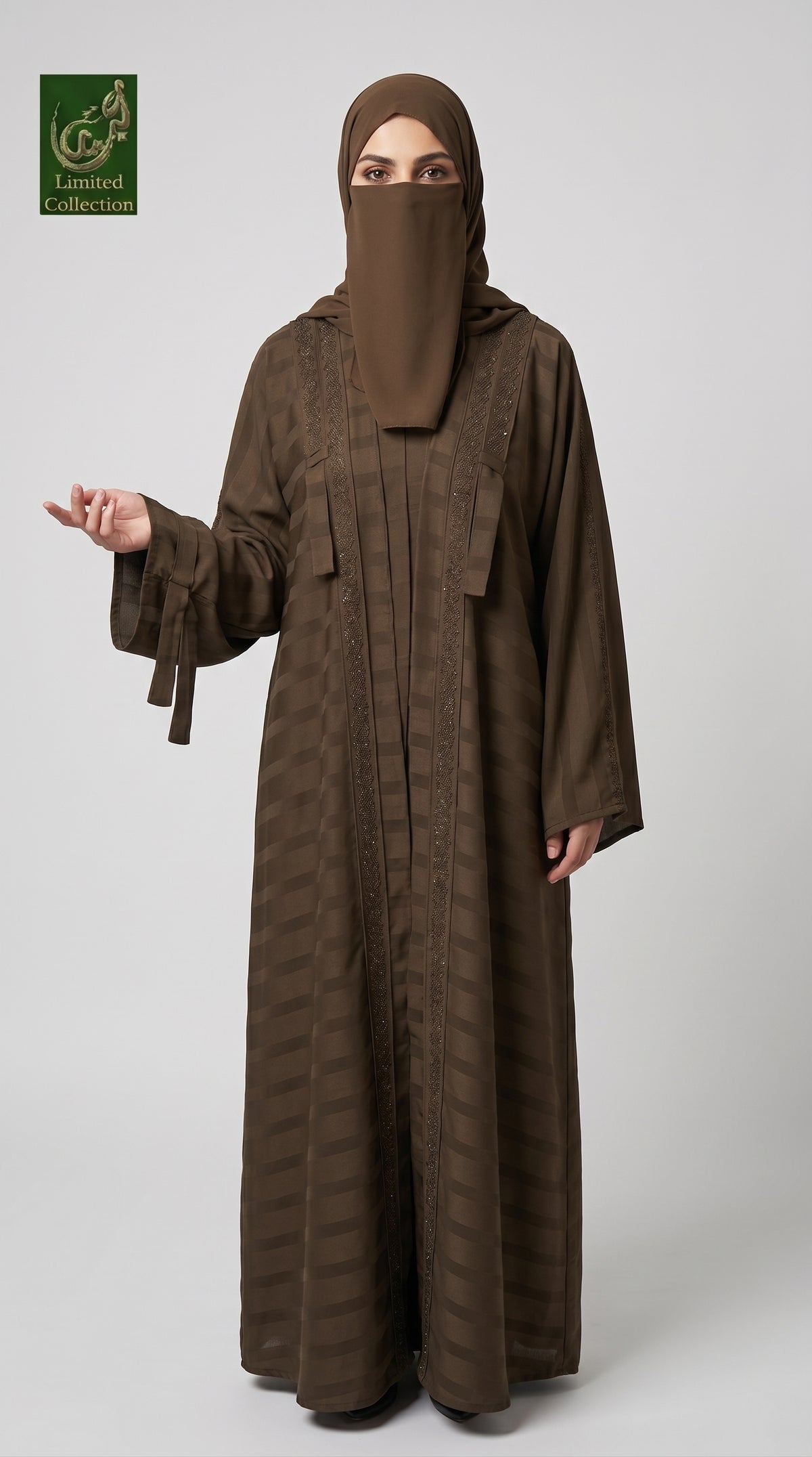 A woman wearing a long brown abaya with a matching brown face veil and headscarf, standing against a light gray studio background. A small green 'Lumiere Collection' logo appears in the top-left corner.