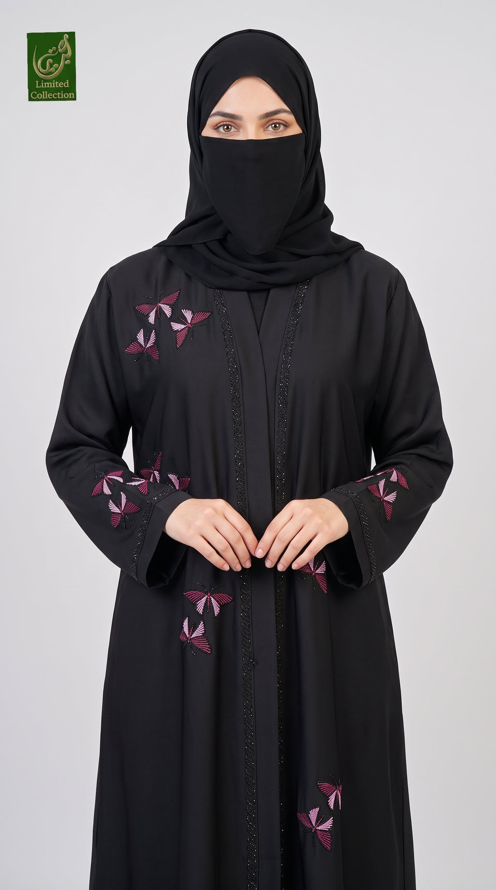 Front-Open Scattered Butterflies Stonework Embroidered Black Abaya | Premium Romantic Nida Black Embroidered Stone-StuddedAbaya