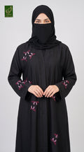 Front-Open Scattered Butterflies Stonework Embroidered Black Abaya | Premium Romantic Nida Black Embroidered Stone-StuddedAbaya