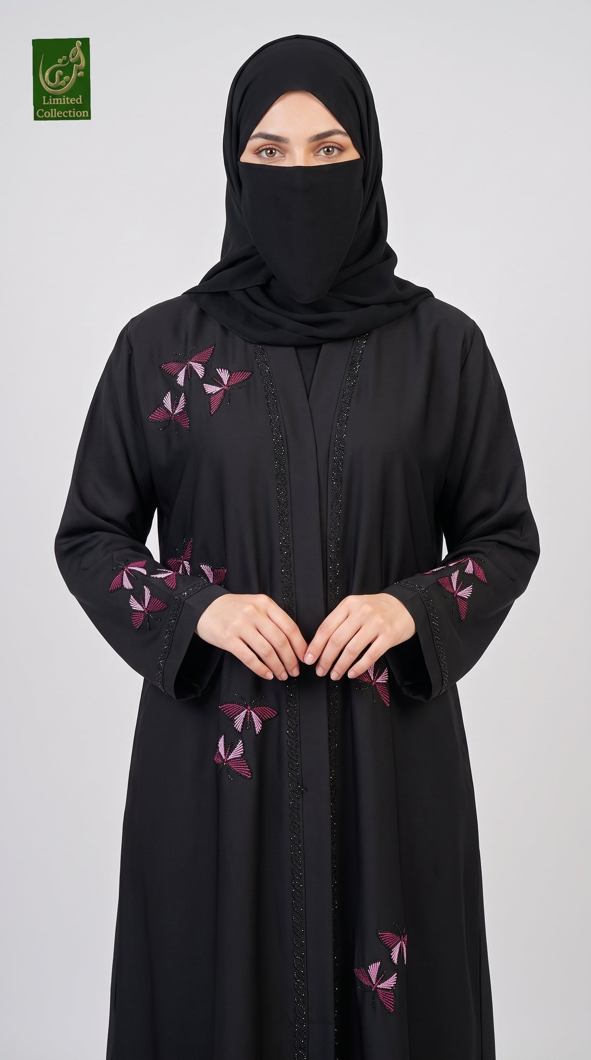 Front-Open Scattered Butterflies Stonework Embroidered Black Abaya | Premium Romantic Nida Black Embroidered Stone-StuddedAbaya