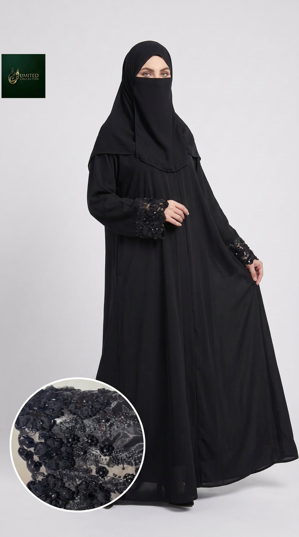 Front-Open Black Abaya with 3D Floral Handcrafted Tissue Cutdana Cuffs | Premium Nida Black Tissue Cutdana Handwork Abaya
