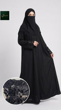 Front-Open Black Abaya with 3D Floral Handcrafted Tissue Cutdana Cuffs | Premium Nida Black Tissue Cutdana Handwork Abaya