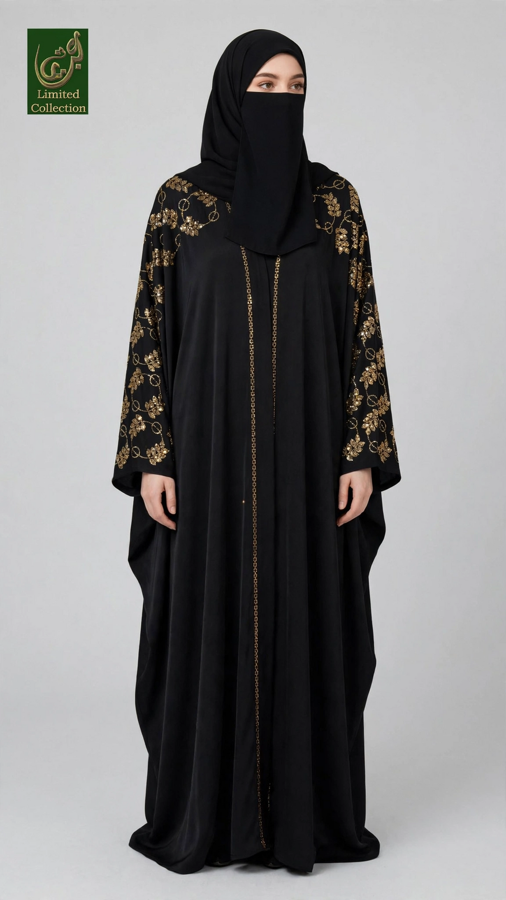 Front-Open Golden Vines Stone-Studded Butterfly Black Abaya | Premium Nida Golden Stonework Butterfly Abaya