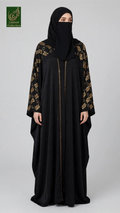 Front-Open Golden Vines Stone-Studded Butterfly Black Abaya | Premium Nida Golden Stonework Butterfly Abaya