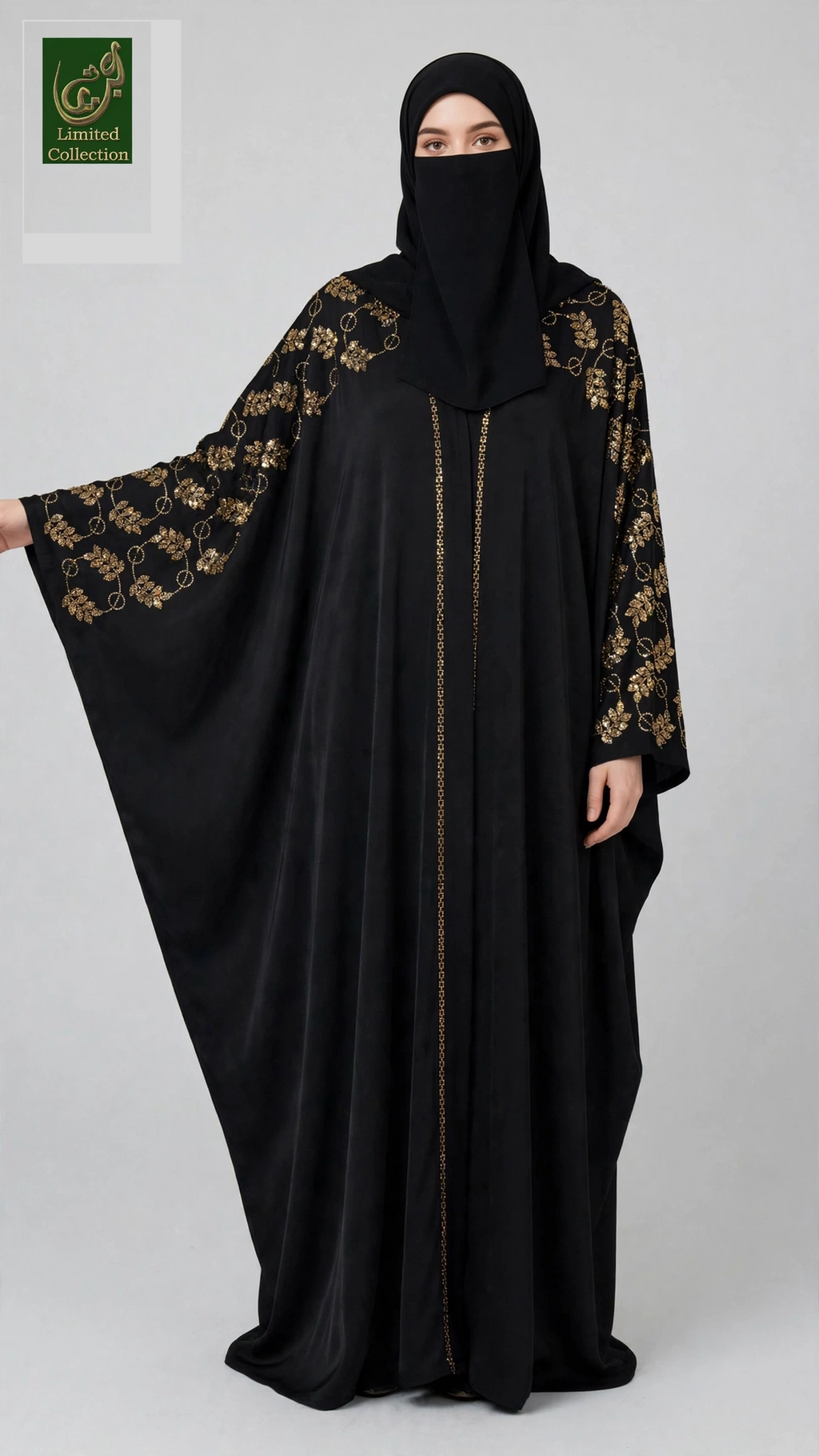 Front-Open Golden Vines Stone-Studded Butterfly Black Abaya | Premium Nida Golden Stonework Butterfly Abaya