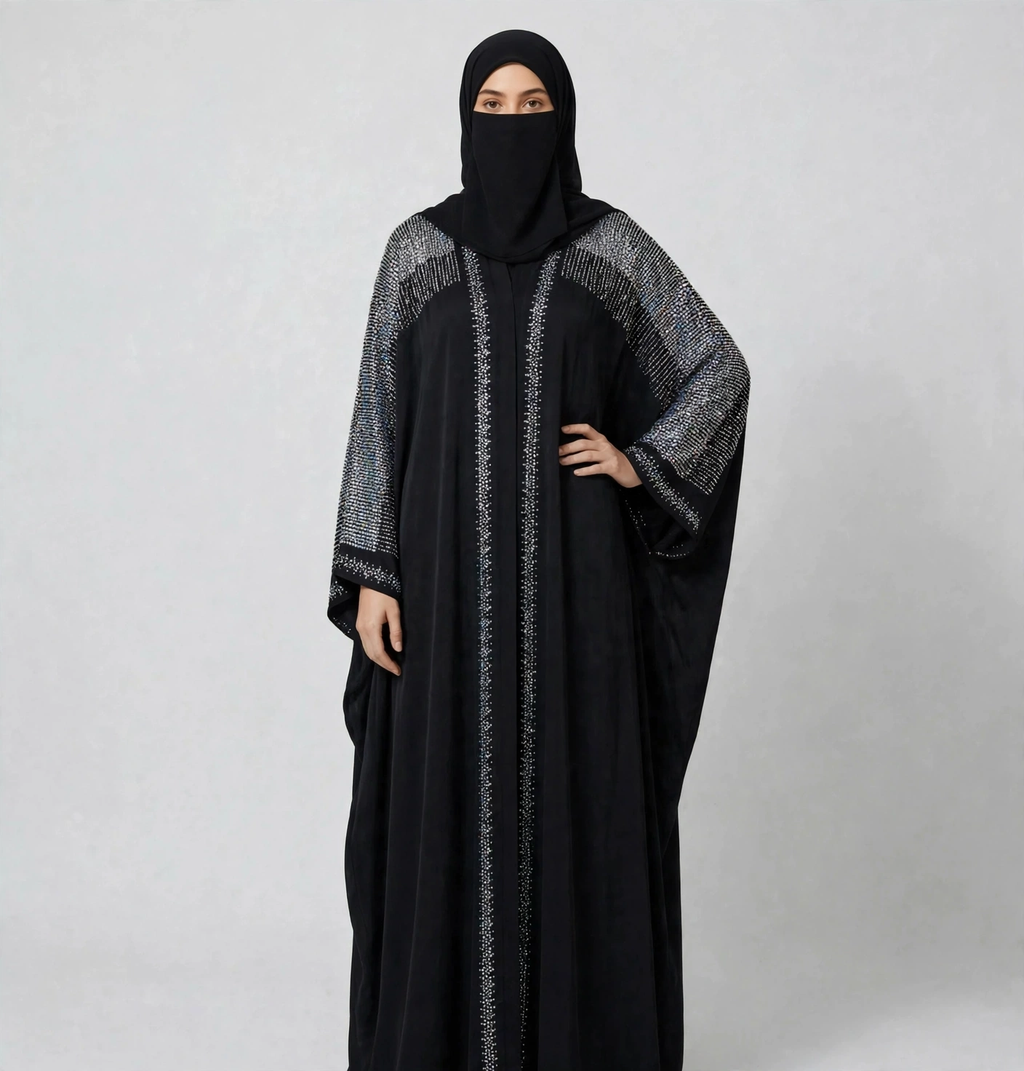 Front-Open Metallic Stone-Studded Luxurious Abaya | Premium Romantic Nida Stonework Abaya