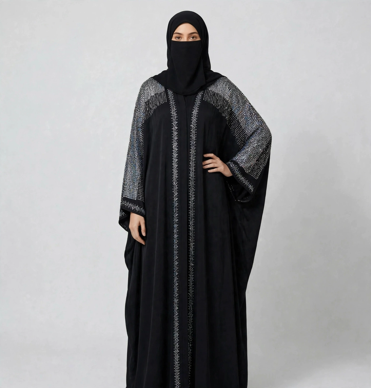 Front-Open Metallic Stone-Studded Luxurious Abaya | Premium Romantic Nida Stonework Abaya