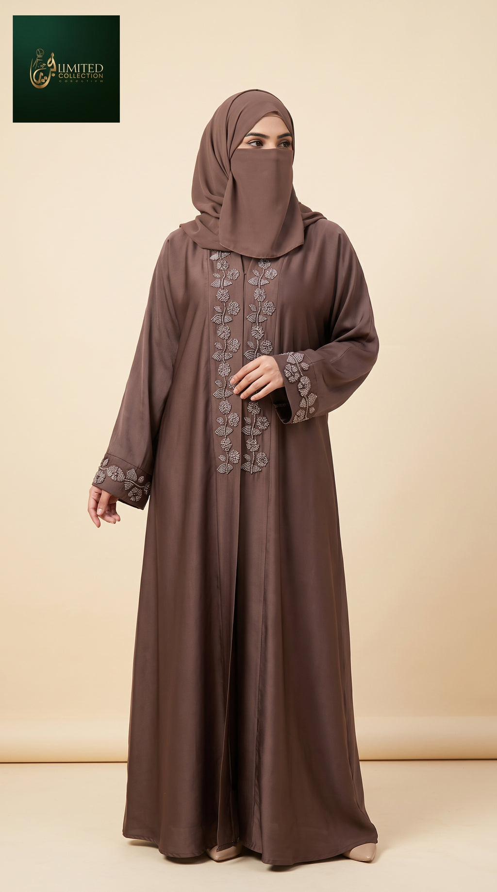 Front-Open Rosevine Handcrafted Cutdana Abaya | Premium Romantic Nida Abaya with Handmade Embellishments