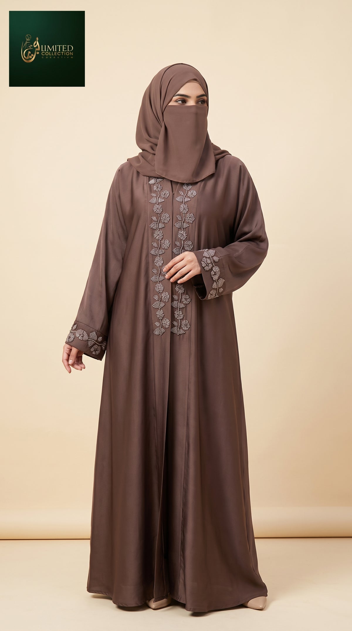 Front-Open Rosevine Handcrafted Cutdana Abaya | Premium Romantic Nida Abaya with Handmade Embellishments