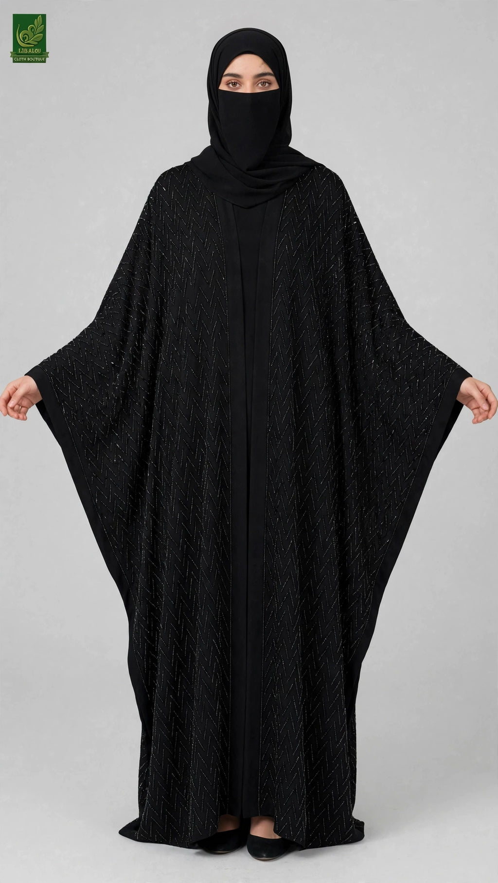 Front-Open Chevron Stonework Black Butterfly Abaya | Premium Nida Butterfly Black Abaya with Stone Embellishment