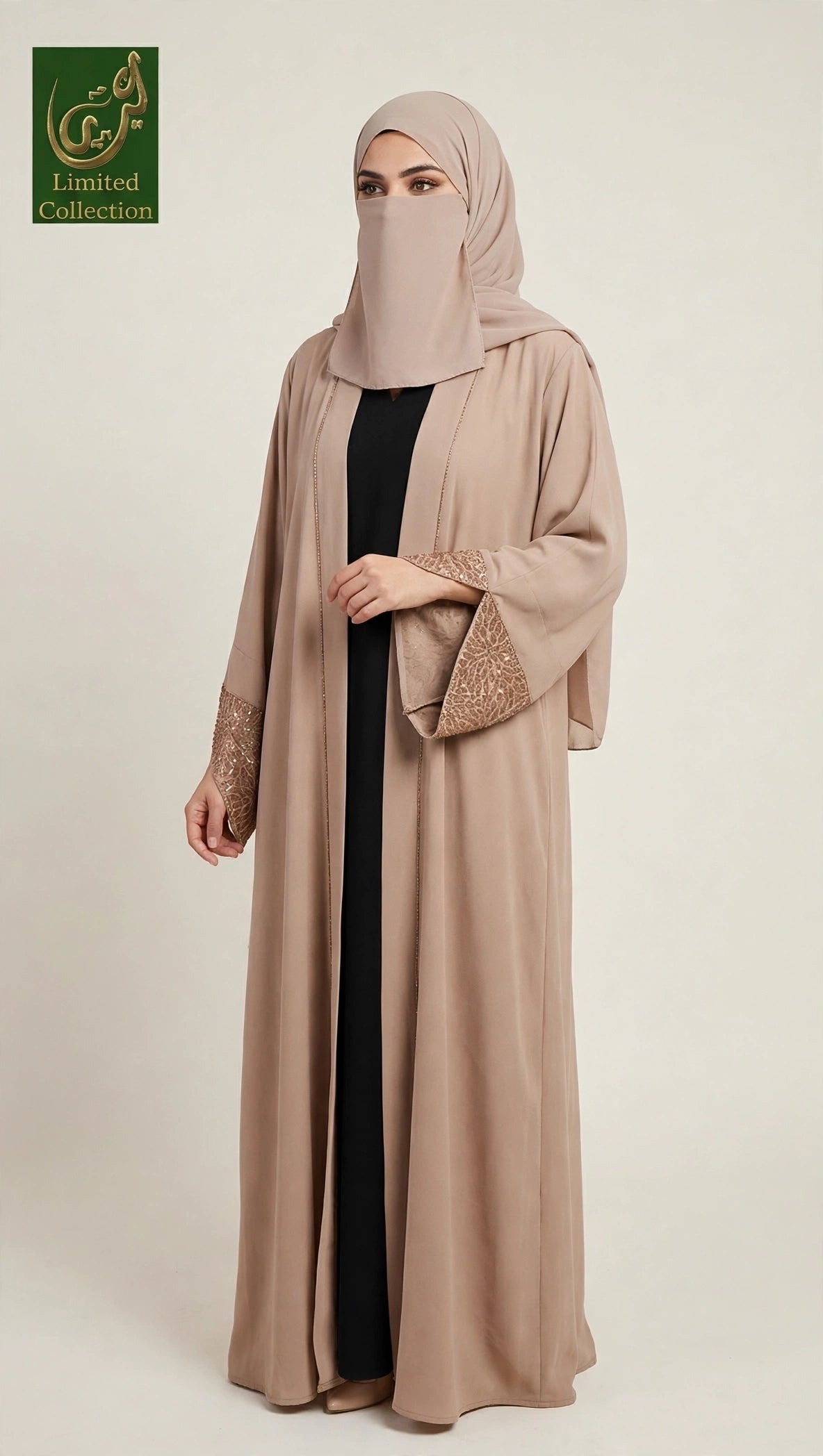 Front-Open Stonework Kimono Abaya with Separate Inner & Scarf | Premium Chiffon Stone-Studded 3 pc Set Abaya+Inner+Scarf