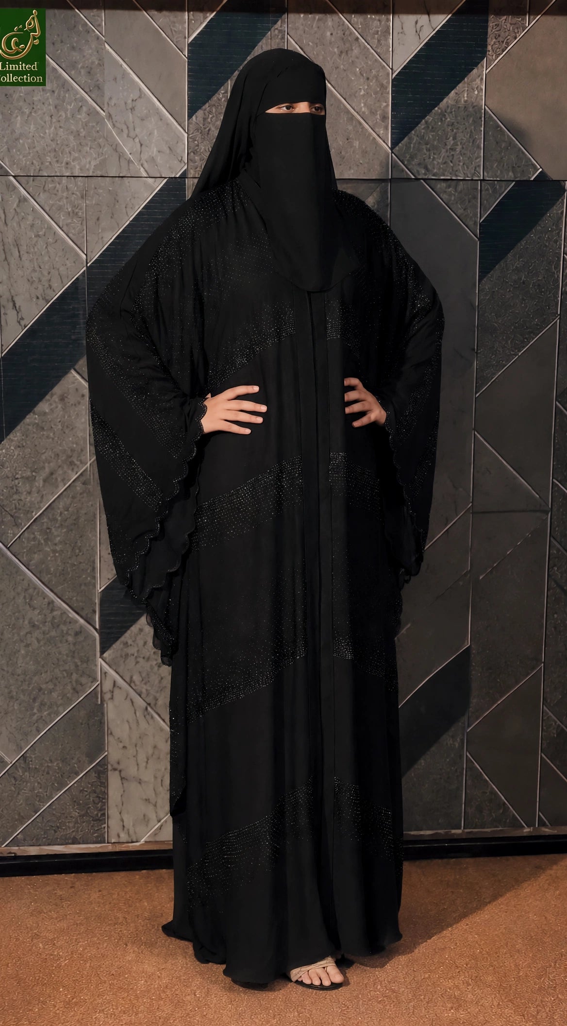 Front-Open Black-Stonework Butterfly Abaya | Premium Nida All Black Butterfly Stonework Abaya
