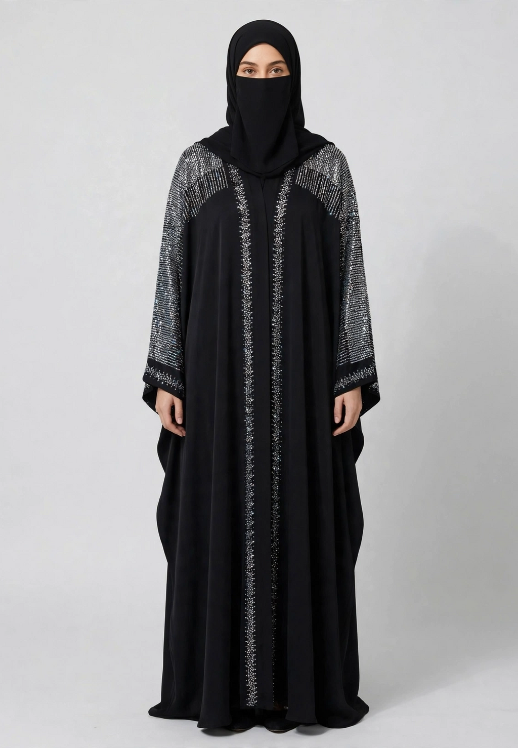 Front-Open Metallic Stone-Studded Luxurious Abaya | Premium Romantic Nida Stonework Abaya