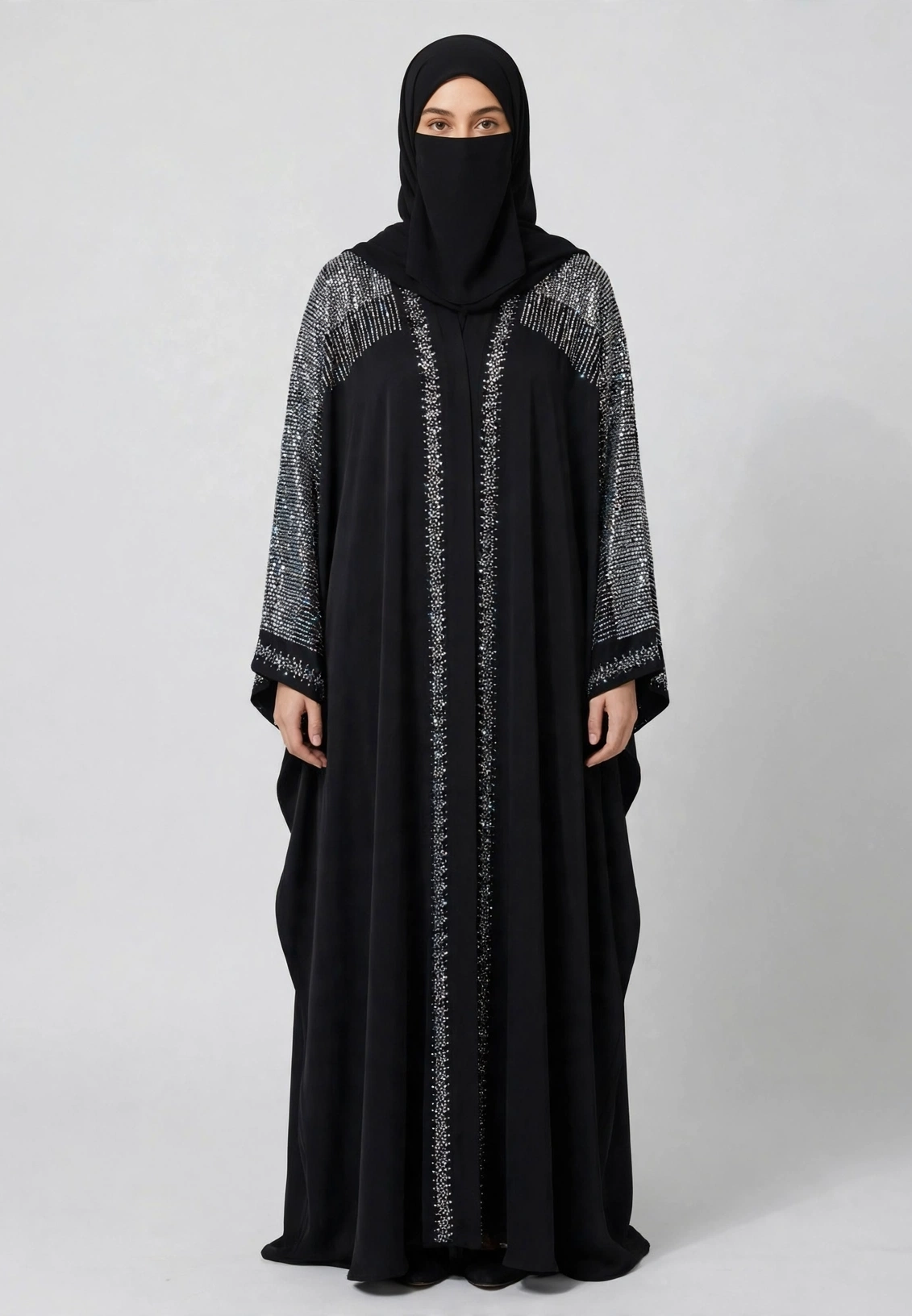 Front-Open Metallic Stone-Studded Luxurious Abaya | Premium Romantic Nida Stonework Abaya