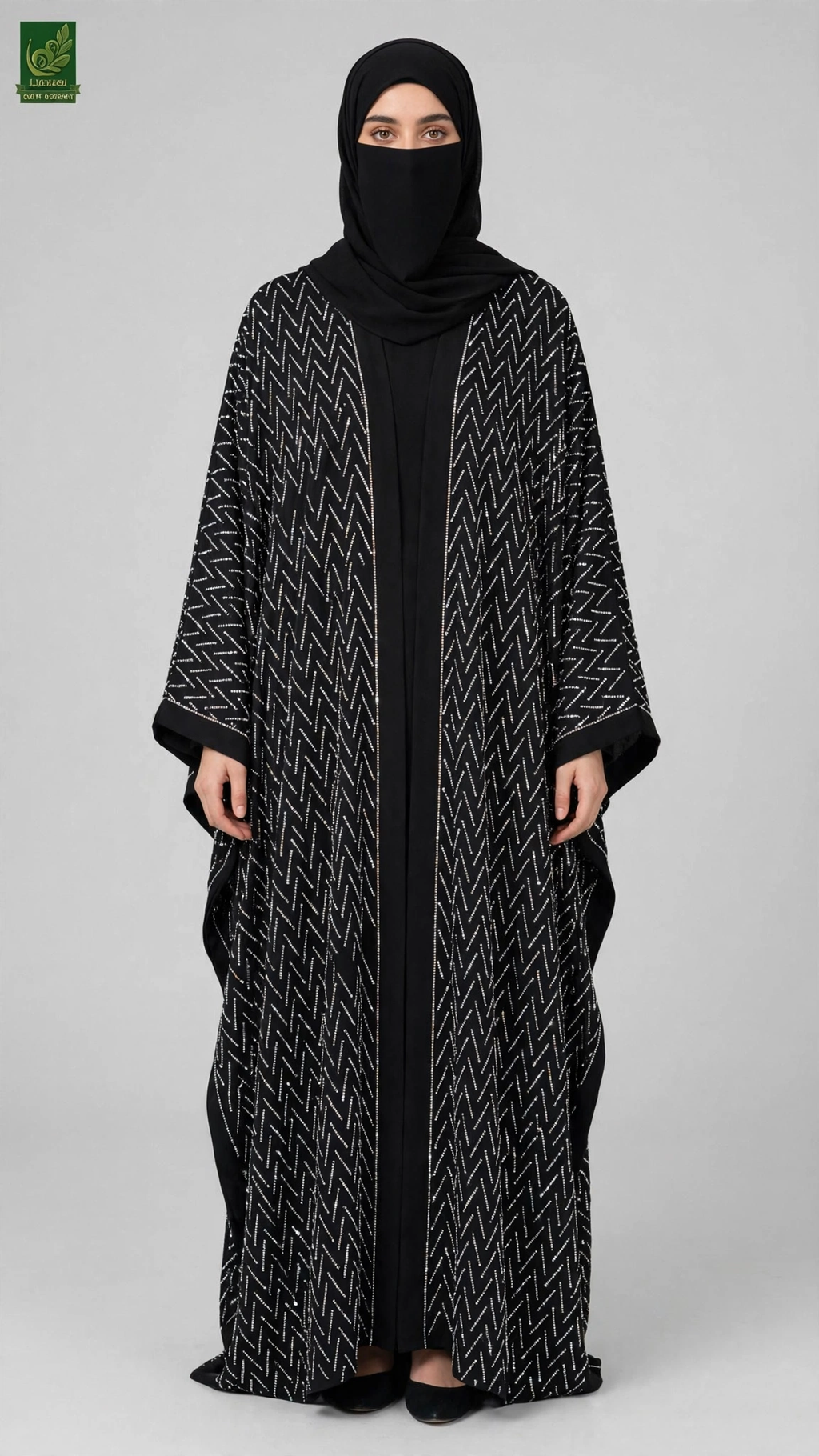 Front-Open Chevron Stonework Black Butterfly Abaya | Premium Nida Butterfly Black Abaya with Stone Embellishment