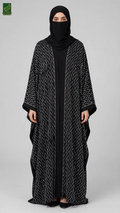 Front-Open Chevron Stonework Black Butterfly Abaya | Premium Nida Butterfly Black Abaya with Stone Embellishment
