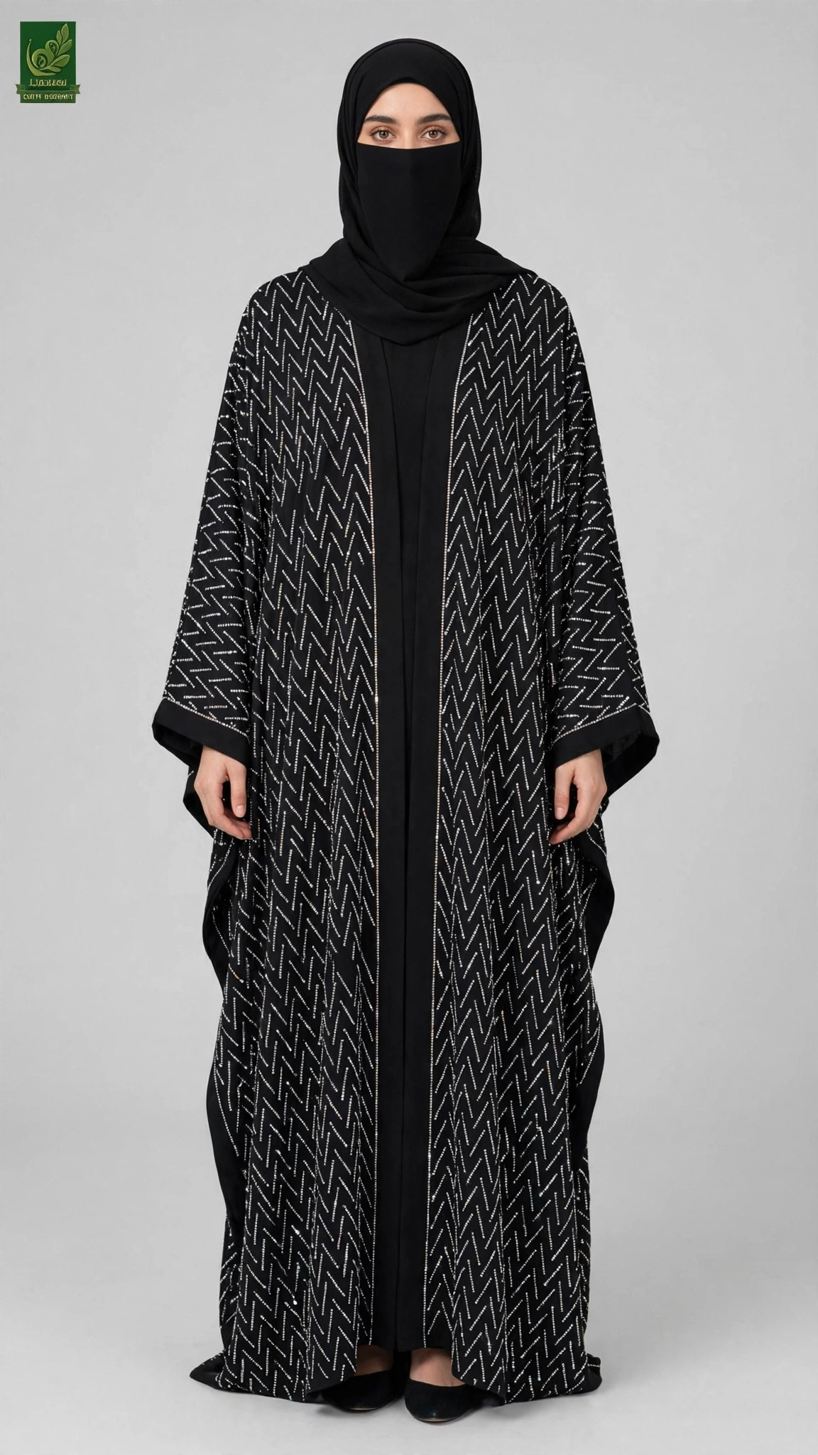 Front-Open Chevron Stonework Black Butterfly Abaya | Premium Nida Butterfly Black Abaya with Stone Embellishment