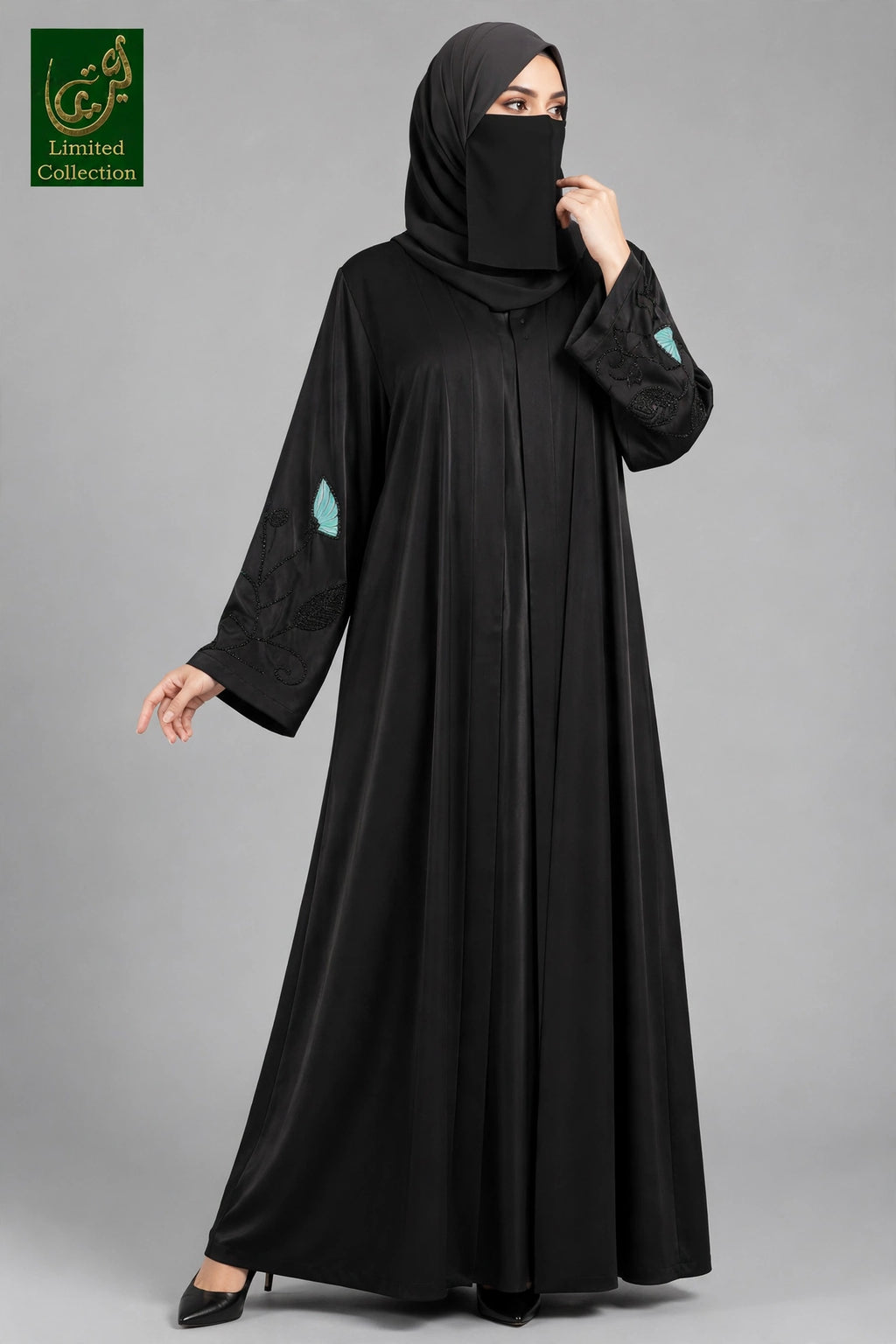 Front-Open Black Abaya with Floral Tissue Cutdana Handwork on Sleeves | Premium Romantic Nida Cutdana Floral Abaya
