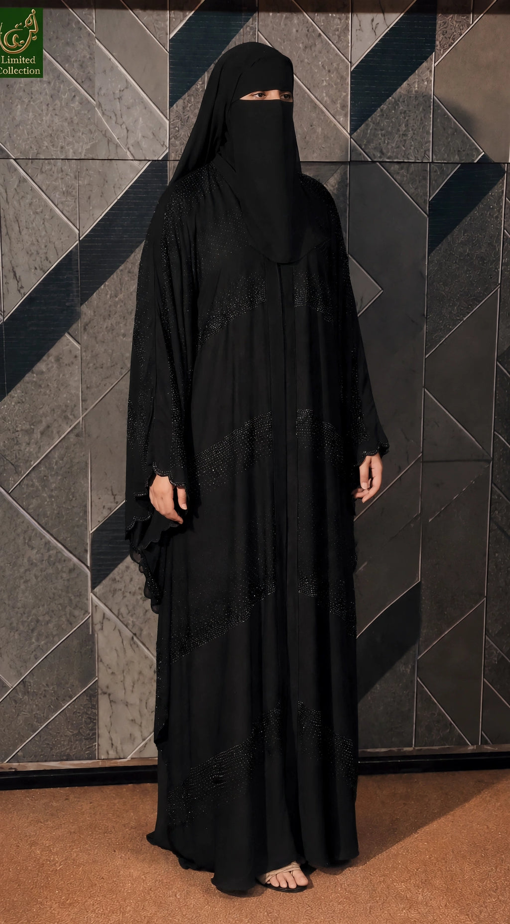Front-Open Black-Stonework Butterfly Abaya | Premium Nida All Black Butterfly Stonework Abaya