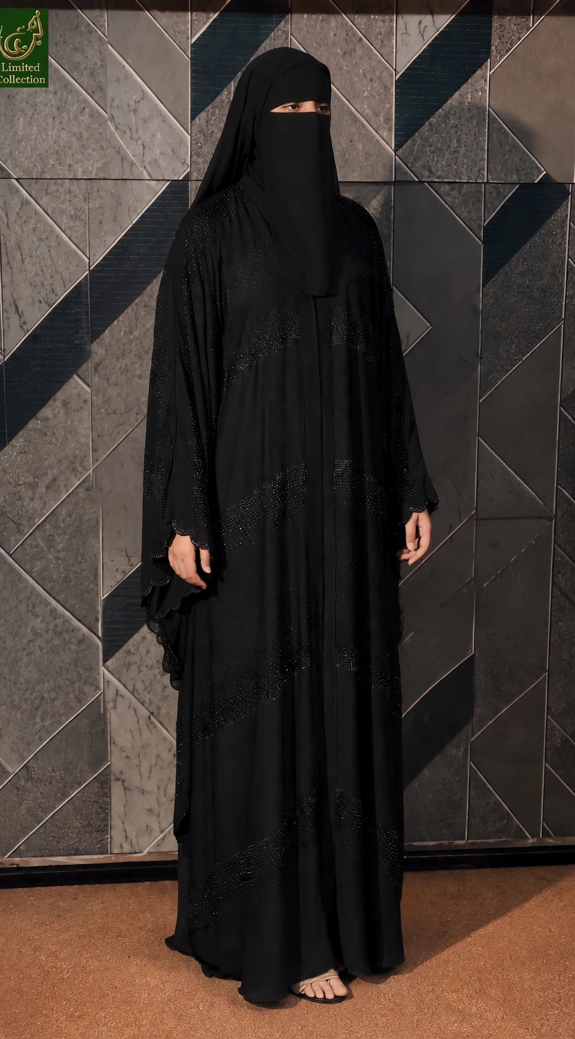 Front-Open Black-Stonework Butterfly Abaya | Premium Nida All Black Butterfly Stonework Abaya