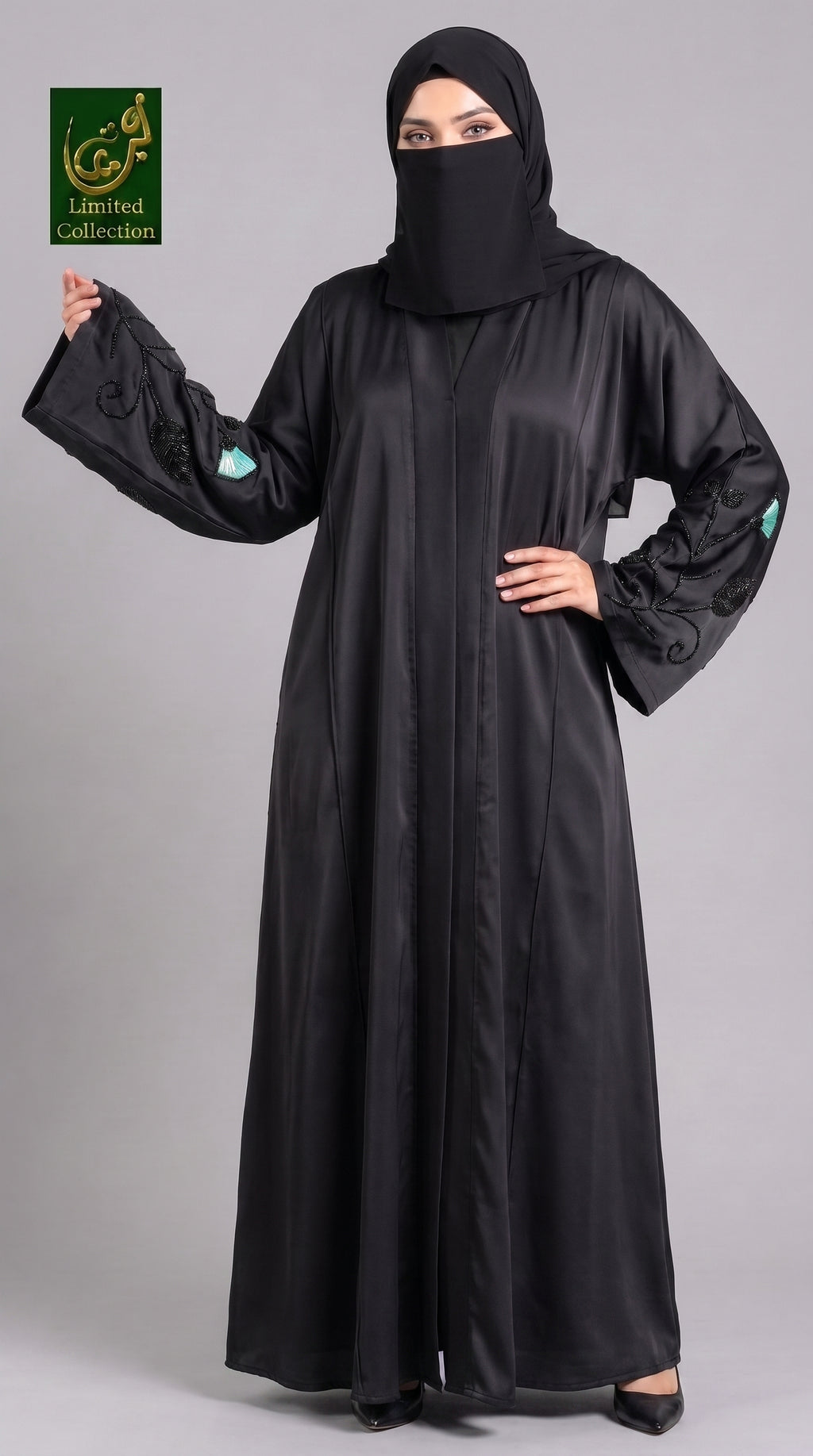 Front-Open Black Abaya with Floral Tissue Cutdana Handwork on Sleeves | Premium Romantic Nida Cutdana Floral Abaya