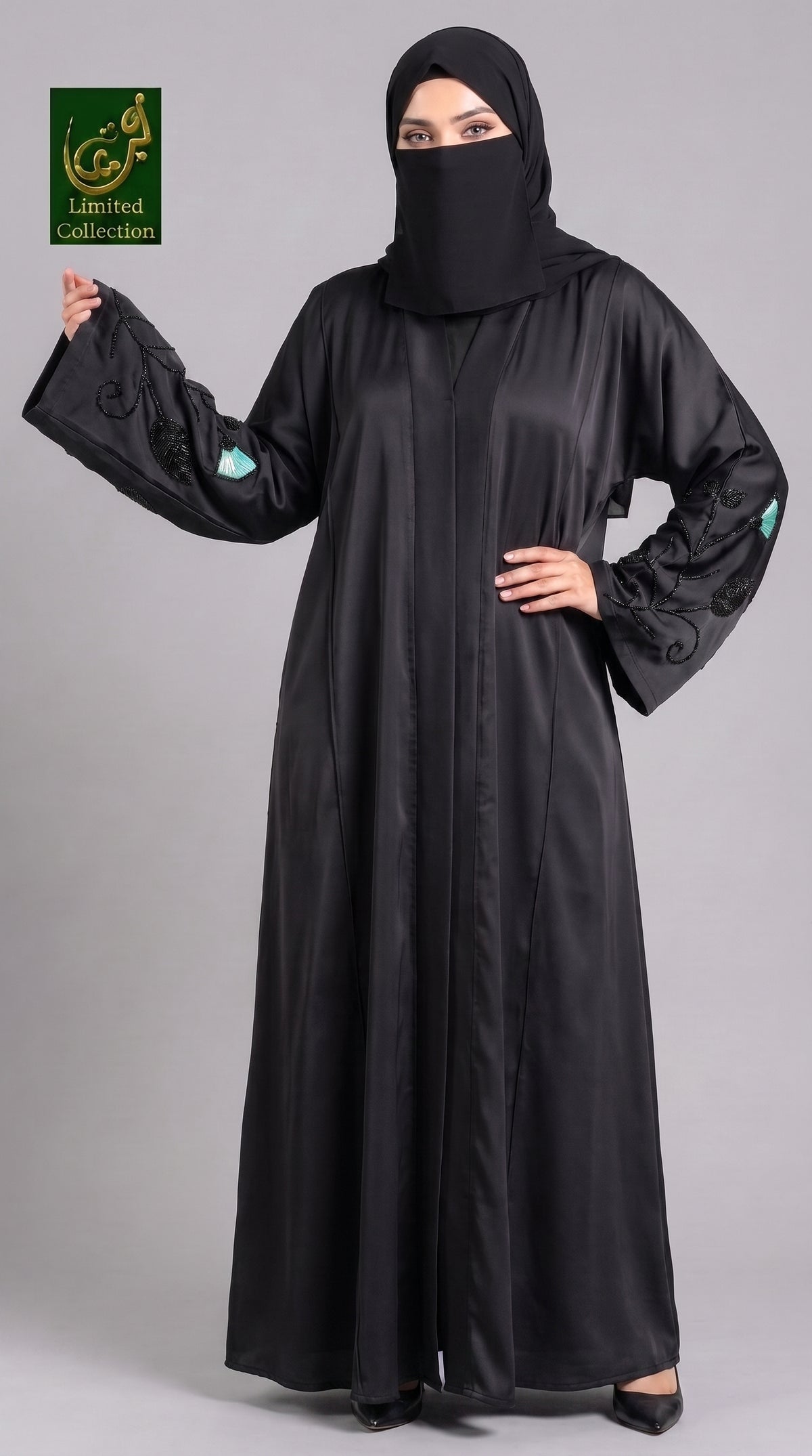 Front-Open Black Abaya with Floral Tissue Cutdana Handwork on Sleeves | Premium Romantic Nida Cutdana Floral Abaya