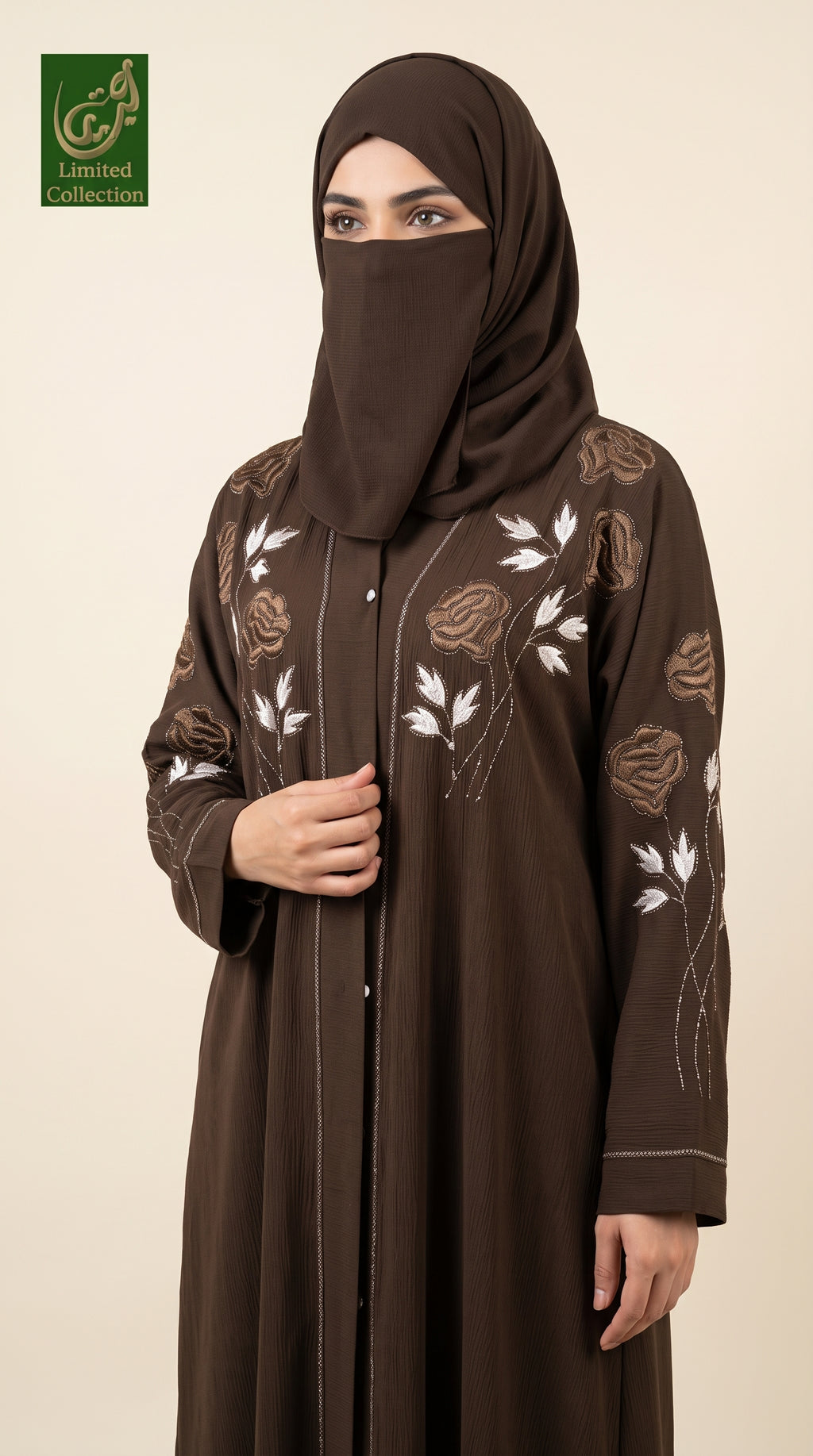 Front-Open Rose Blooms Stone-Embroidery Abaya | Premium Romantic Nida Abaya with Stonework Sleeves