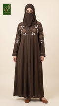 Front-Open Rose Blooms Stone-Embroidery Abaya | Premium Romantic Nida Abaya with Stonework Sleeves