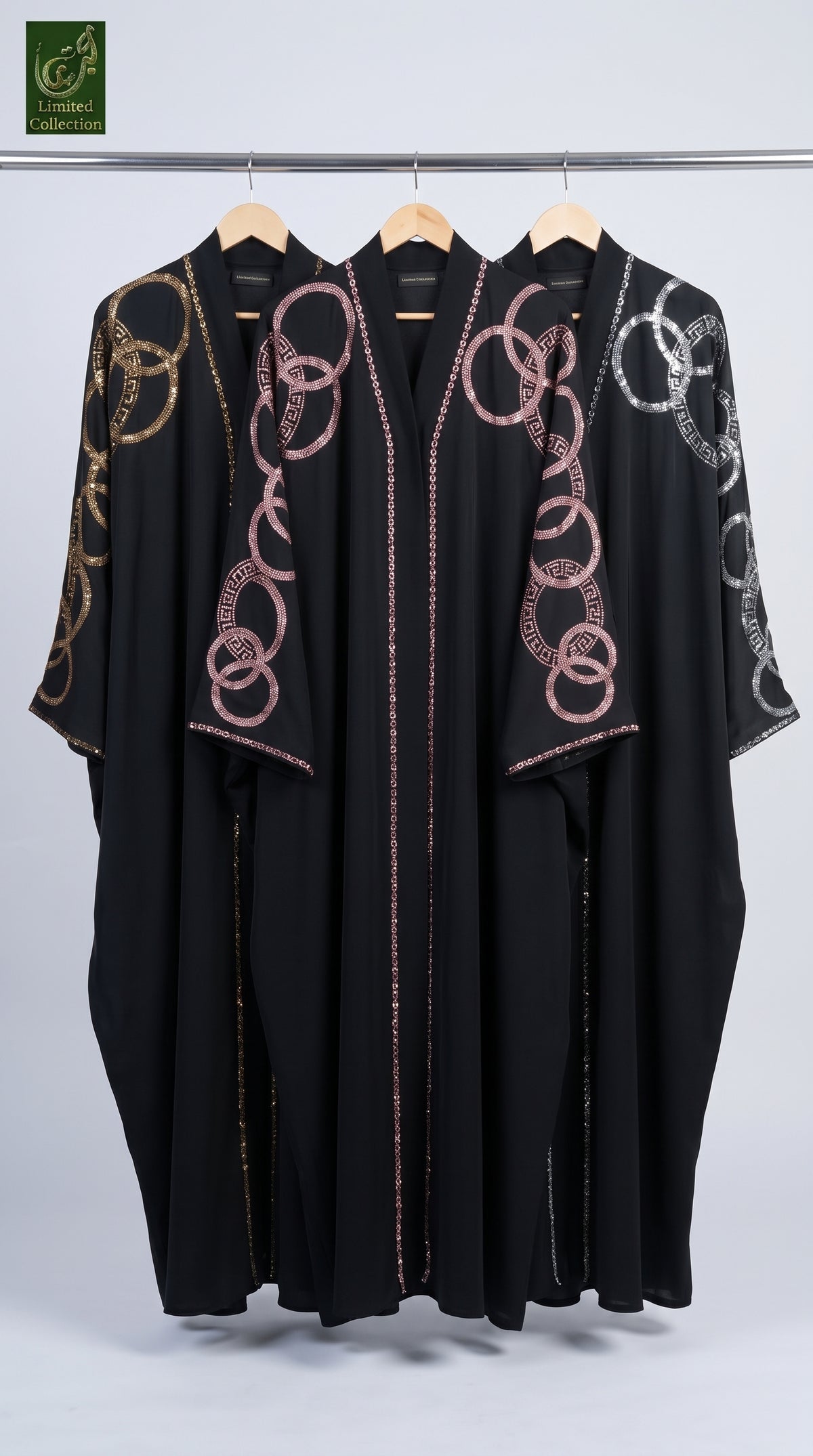 Front-Open Interlocking Rings Stonework Abaya | Premium Romantic Nida Stonework Abaya