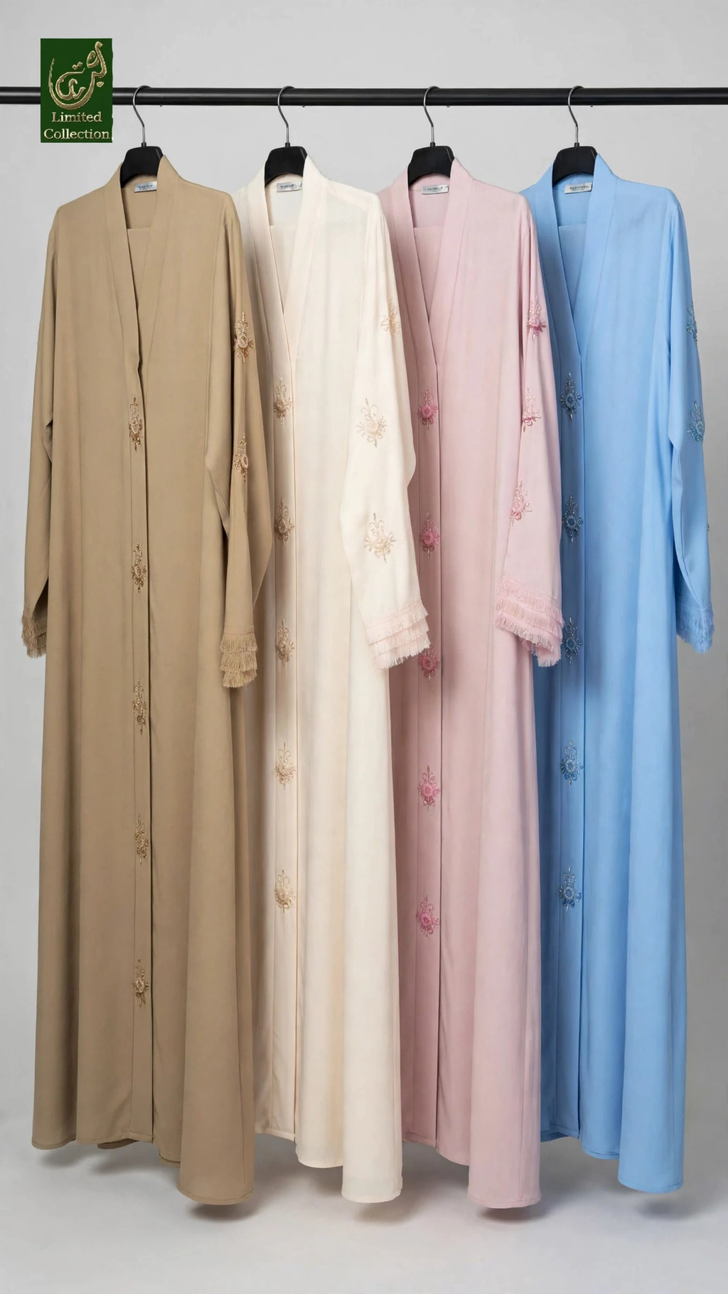 Front-Open Rosette Motif Feather-Trim Cutdana Handwork Abaya | Premium Moss Chiffon Embellished Abaya with Matching Scarf