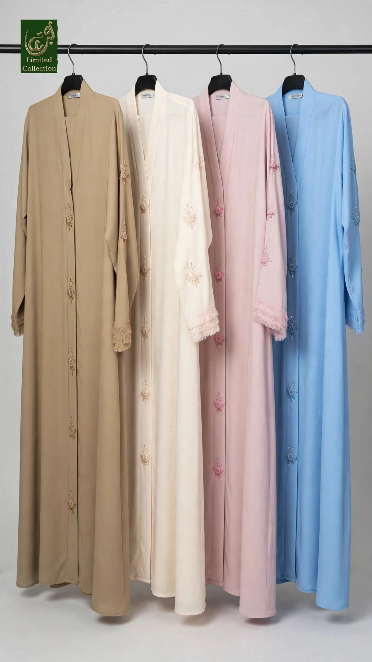 Front-Open Rosette Motif Feather-Trim Cutdana Handwork Abaya | Premium Moss Chiffon Embellished Abaya with Matching Scarf
