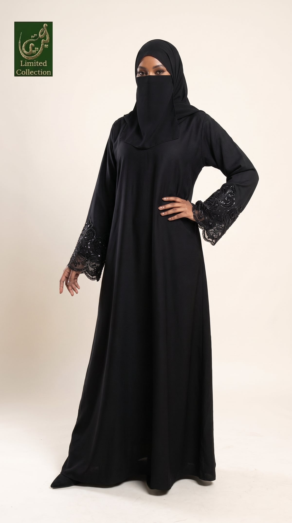 Front-Closed Black Maxi Abaya with Handcrafted Cutdana Cuffs | Premium Nida Black Cutdana Handwork Maxi Abaya