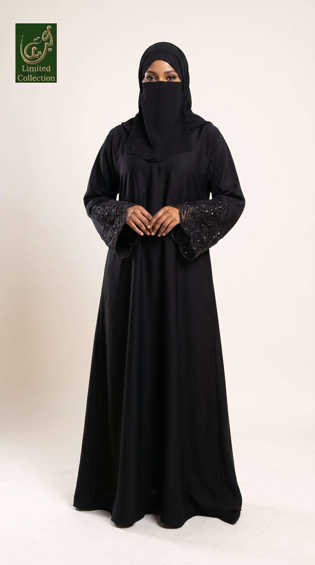 Front-Closed Black Maxi Abaya with Handcrafted Cutdana Cuffs | Premium Nida Black Cutdana Handwork Maxi Abaya